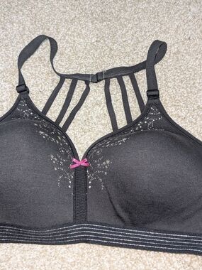 Black Decorative Strappy Wireless Bra with Pink Bow